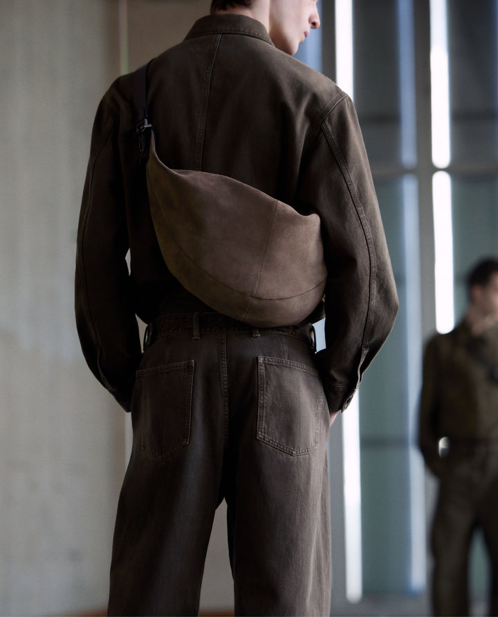 Brown denim jacket and pants in Brown denim fabric, model shot, Back view Relaxed fit