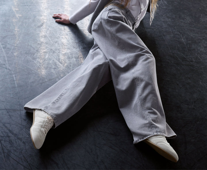 Wide leg jeans in Light grey denim, model shot, Worn view Relaxed fit