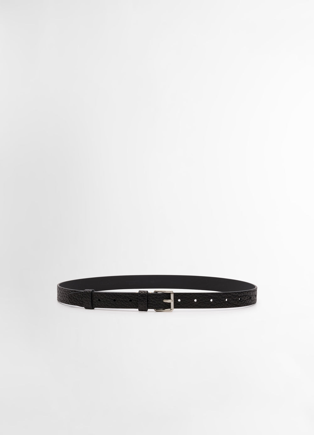 Lemaire Reversed Belt 25 in Black Vegetable-Tanned Leather, product shot, Front View Brush Silver Buckle