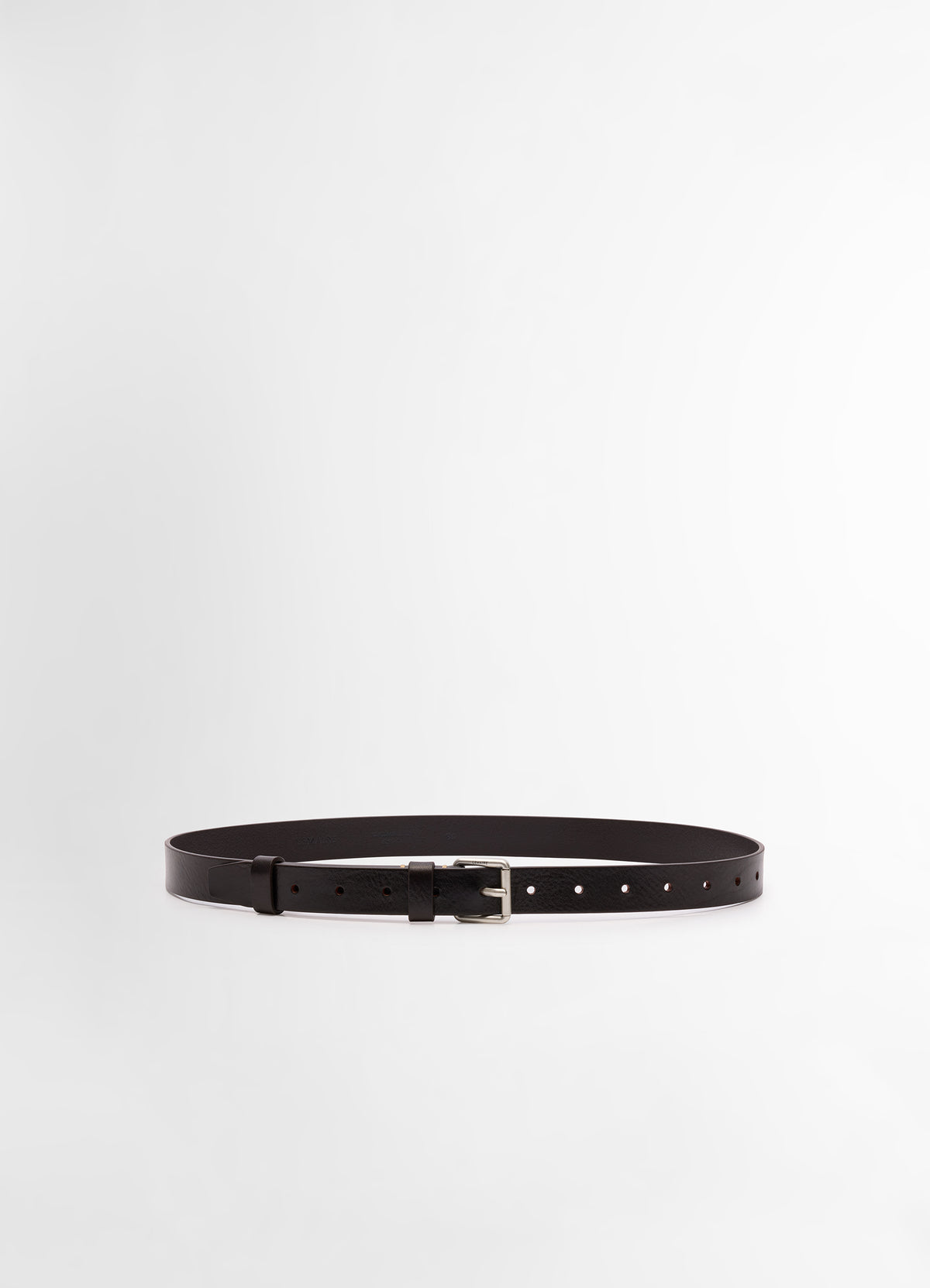 Lemaire Reversed Belt 25 in Smooth Vegetable Leather, product shot, Front view Bright shine brush silver buckle