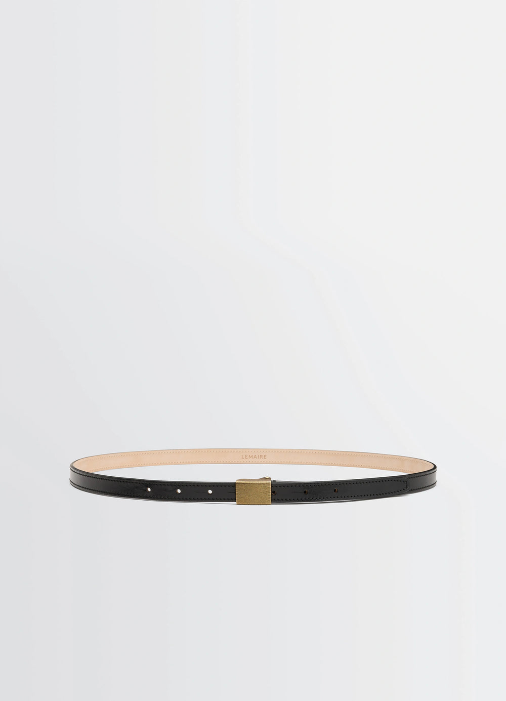 Lemaire Clip Belt 15MM in Vegetable-tanned black leather, product shot, Front view Textured metal buckle