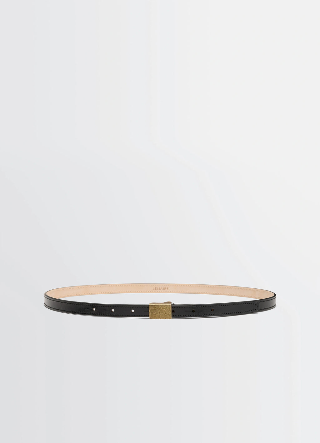 Lemaire clip belt 15mm in vegetable-tanned black leather, product shot, front view textured metal buckle