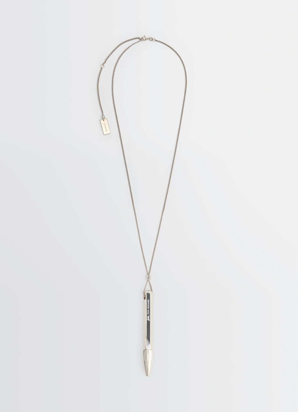 Aubock pen necklace in silver metal, product shot, front view minimal design