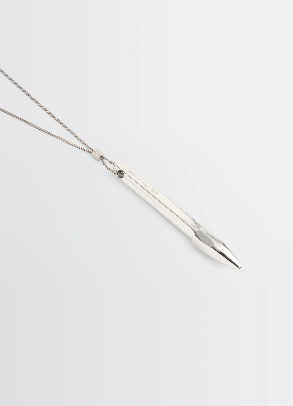 Aubock pen necklace in silver metal, product shot, angled side view floating on background