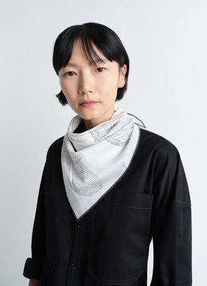 Philippe weisbecker bandana in 60 green houses cotton, model shot, front view printed design