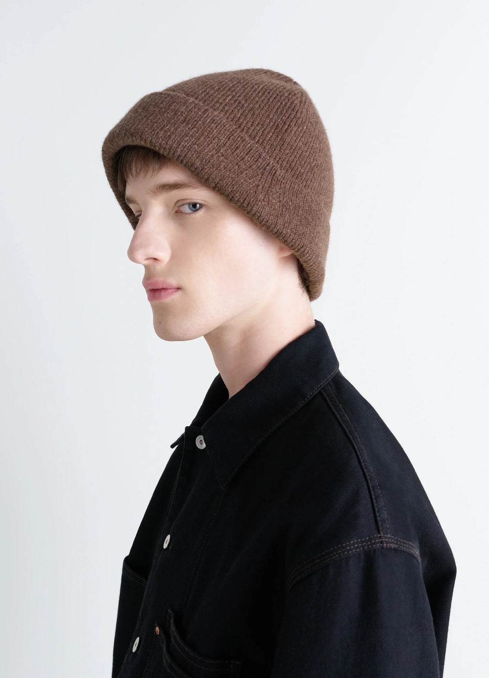 Wool Blend Beanie in Brown Double-Faced Wool, model shot, Side view Thick knit texture