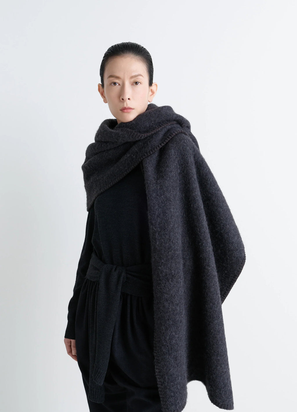 Lemaire maxi fluffy cocotte in fluffy alpaca, model shot, side view oversized scarf