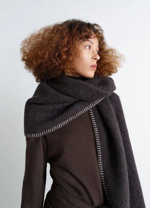 Lemaire maxi fluffy cocotte in charcoal alpaca, model shot, side view oversized scarf