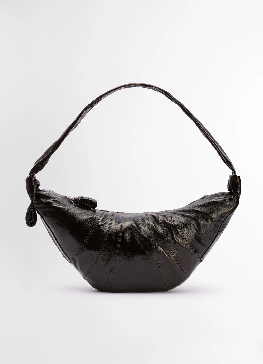 Lemaire large croissant bag in coated cotton, product shot, front view shiny finish, top-stitched