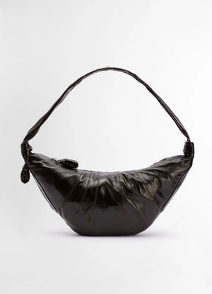 Lemaire large croissant bag in coated cotton, product shot, front view shiny finish, top-stitched