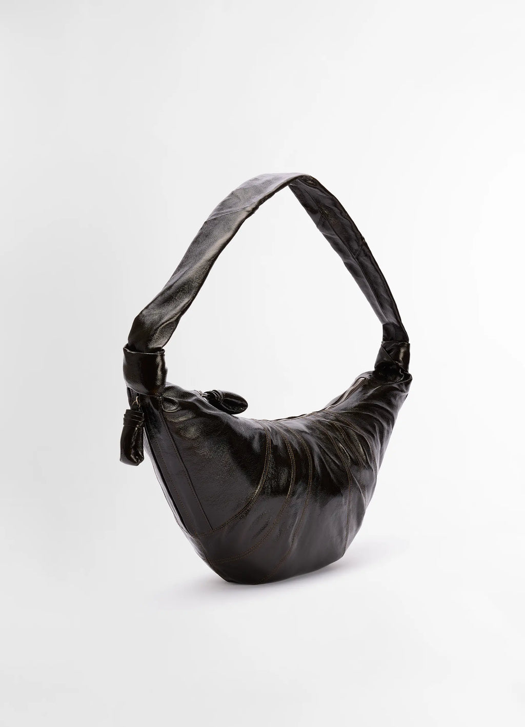 Lemaire large croissant bag in coated cotton, product shot, side view wrinkled texture