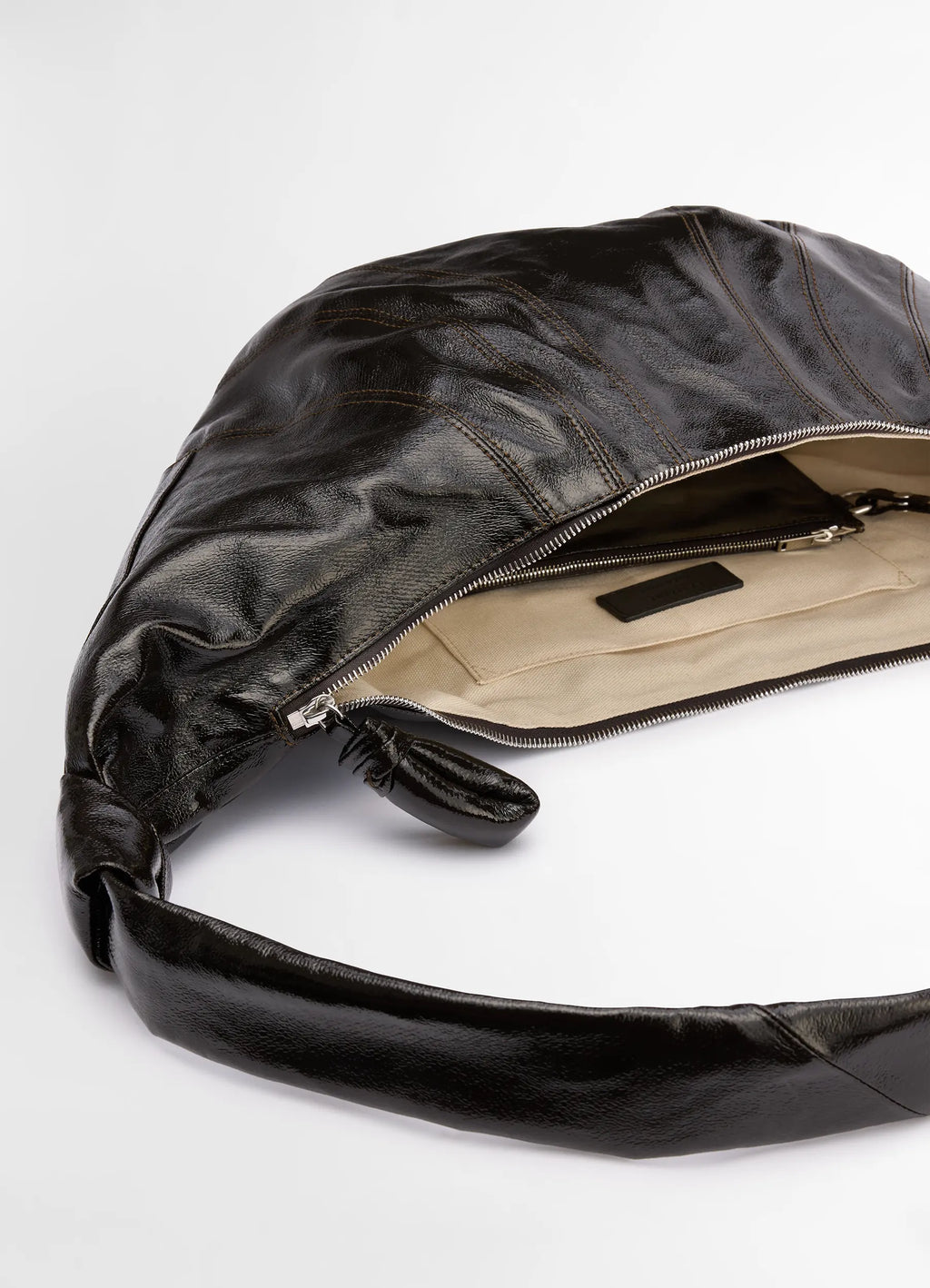 Lemaire large croissant bag in coated cotton, product shot, top interior view exposed zipper, soft lining