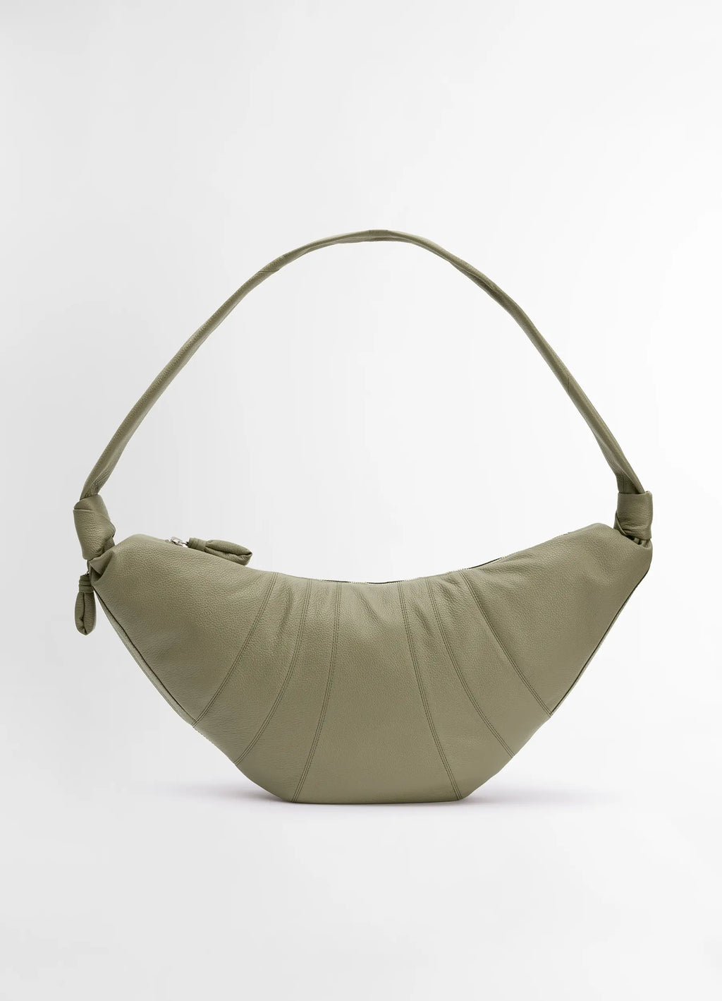 Lemaire large croissant bag in soft grained leather, product shot, front view crescent shape detail