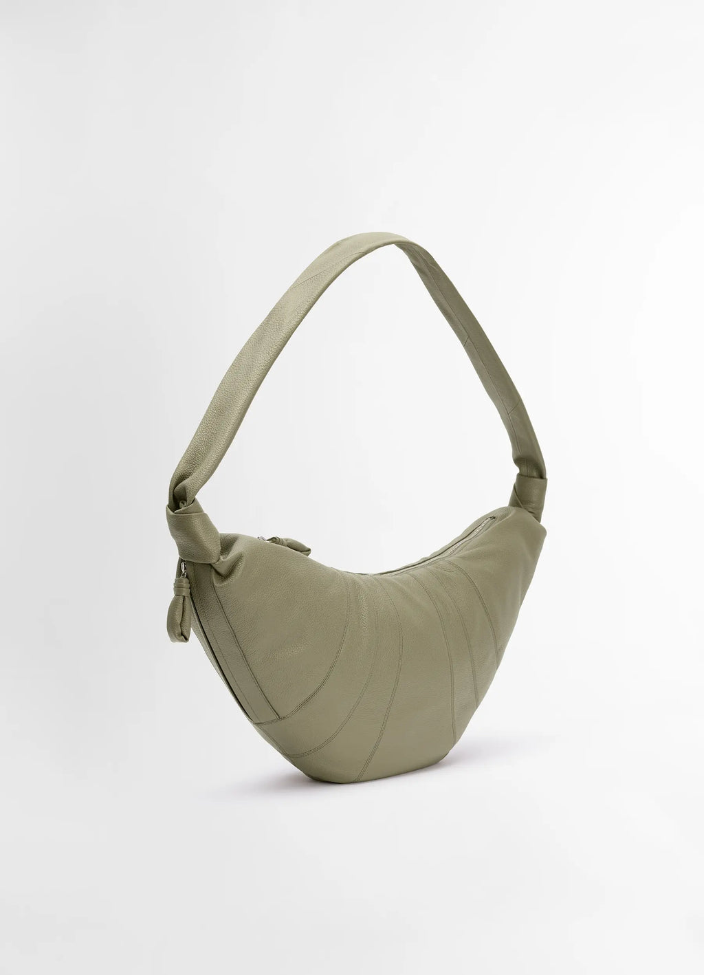 Lemaire large croissant bag in soft grained leather, product shot, back three-quarter view smooth curvature detail