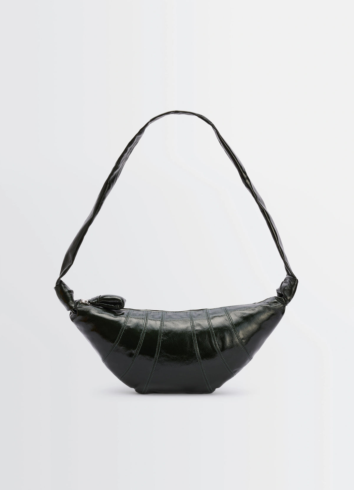 Lemaire Medium Croissant Bag in Shiny Coated Cotton Canvas, product shot, front top view elongated strap detail