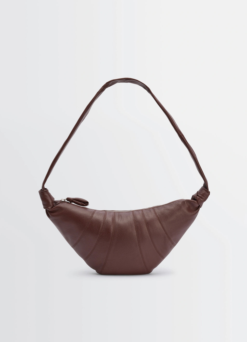 Lemaire medium croissant bag in grained leather, product shot, front view knotted strap detail