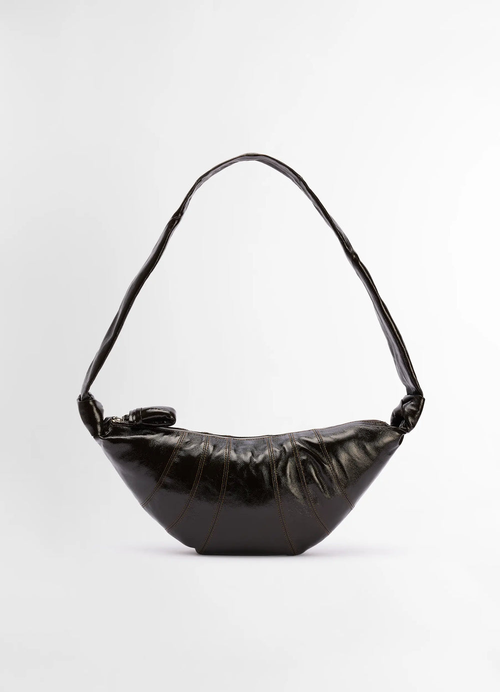 Lemaire Medium Croissant Bag in Coated Cotton, product shot, Front view Top-stitched cutouts