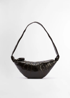 Lemaire medium croissant bag in coated cotton, product shot, front view top-stitched cutouts