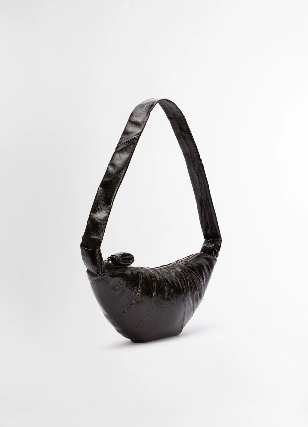 Lemaire medium croissant bag in coated cotton, product shot, side view pleated texture