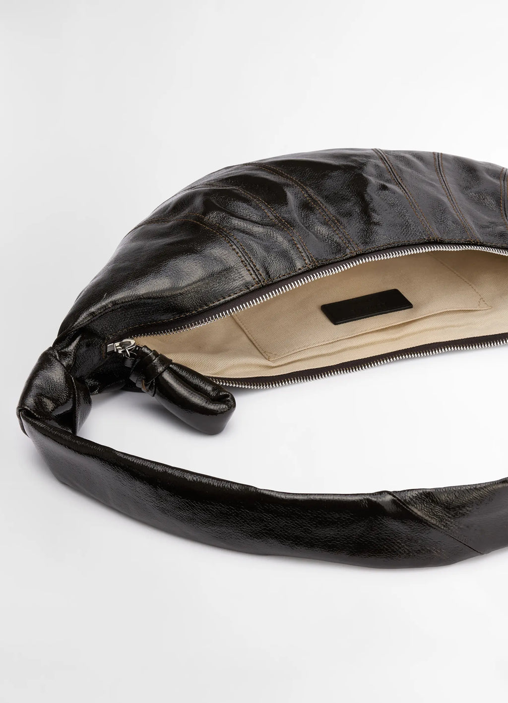 Lemaire medium croissant bag in coated cotton, product shot, interior view zippered opening
