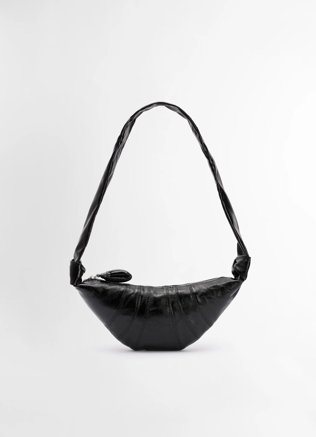 Lemaire small croissant bag in black coated cotton, product shot, front view arched handle