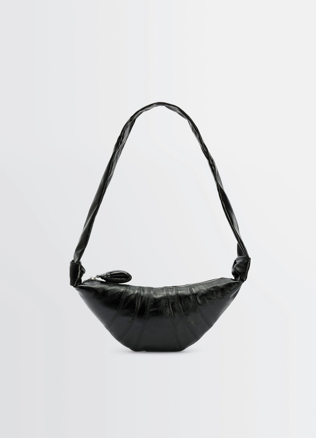 Lemaire small croissant bag in coated cotton canvas, product shot, side view simple arc shape