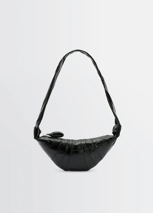 Lemaire small croissant bag in coated cotton canvas, product shot, side view simple arc shape