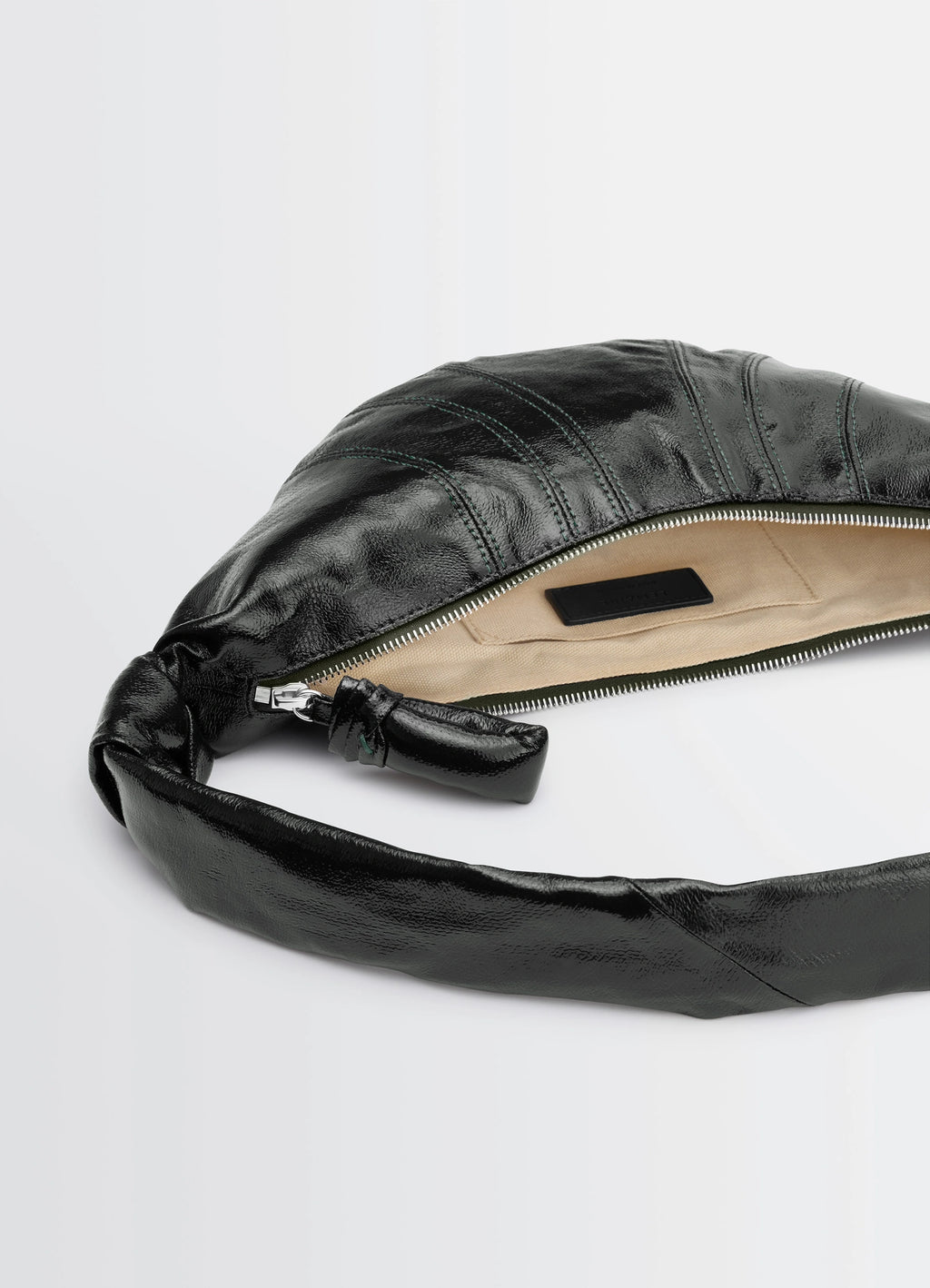 Lemaire small croissant bag in coated cotton canvas, product shot, top view zipper detail open