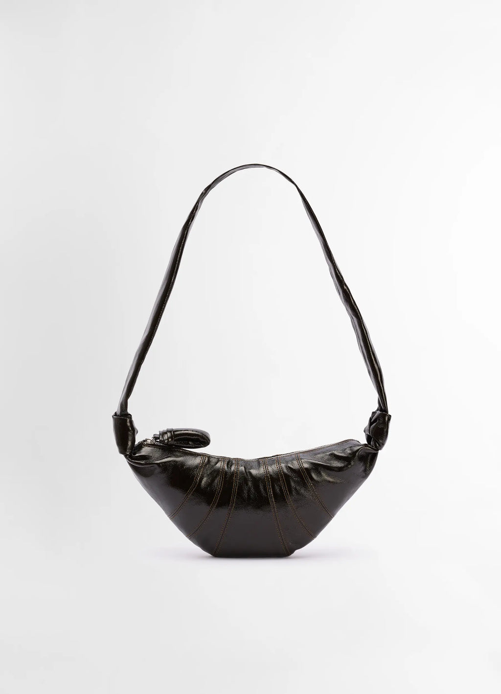 Lemaire small croissant bag in black coated cotton, product shot, front view top-stitched cutouts