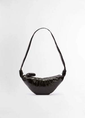 Lemaire small croissant bag in black coated cotton, product shot, front view top-stitched cutouts