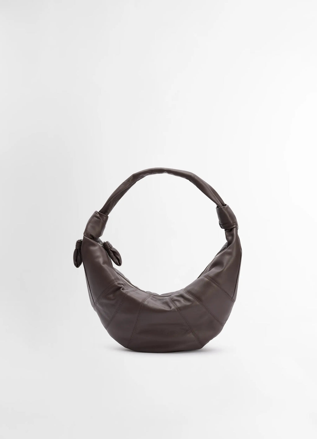 Lemaire fortune croissant bag in soft nappa lamb leather, product shot, front view smooth texture, knotted ends