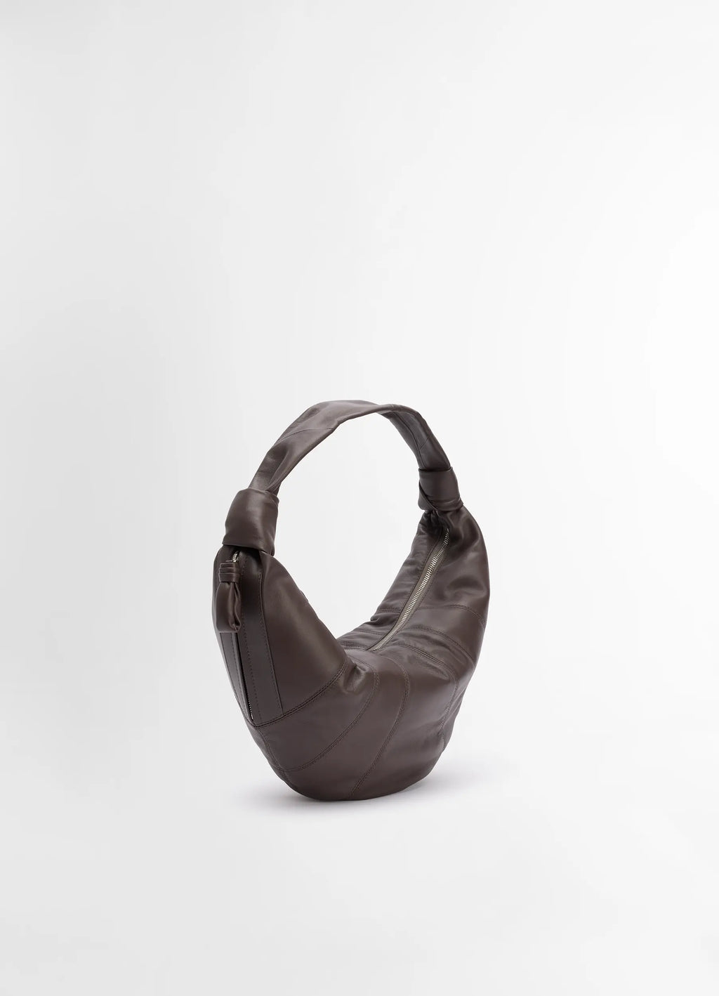 Lemaire fortune croissant bag in soft nappa lamb leather, product shot, three-quarter view zippered top, curved strap