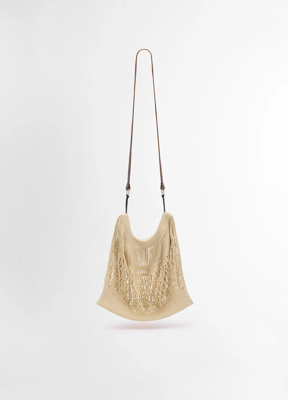 Lemaire Large Crossbody Filt Net Ba in Delicate nylon, dark chocolate leat, product shot, front view open weave texture