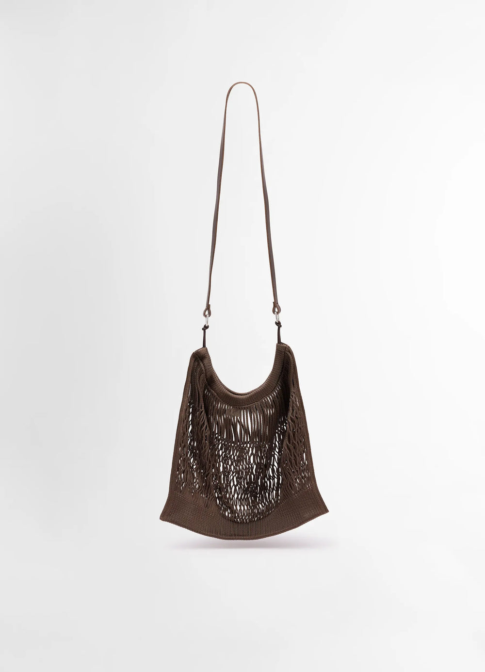 Lemaire Large Crossbody Filt Net Ba in Dark Chocolate, Nylon, Leather, product shot, side view hanging open net style