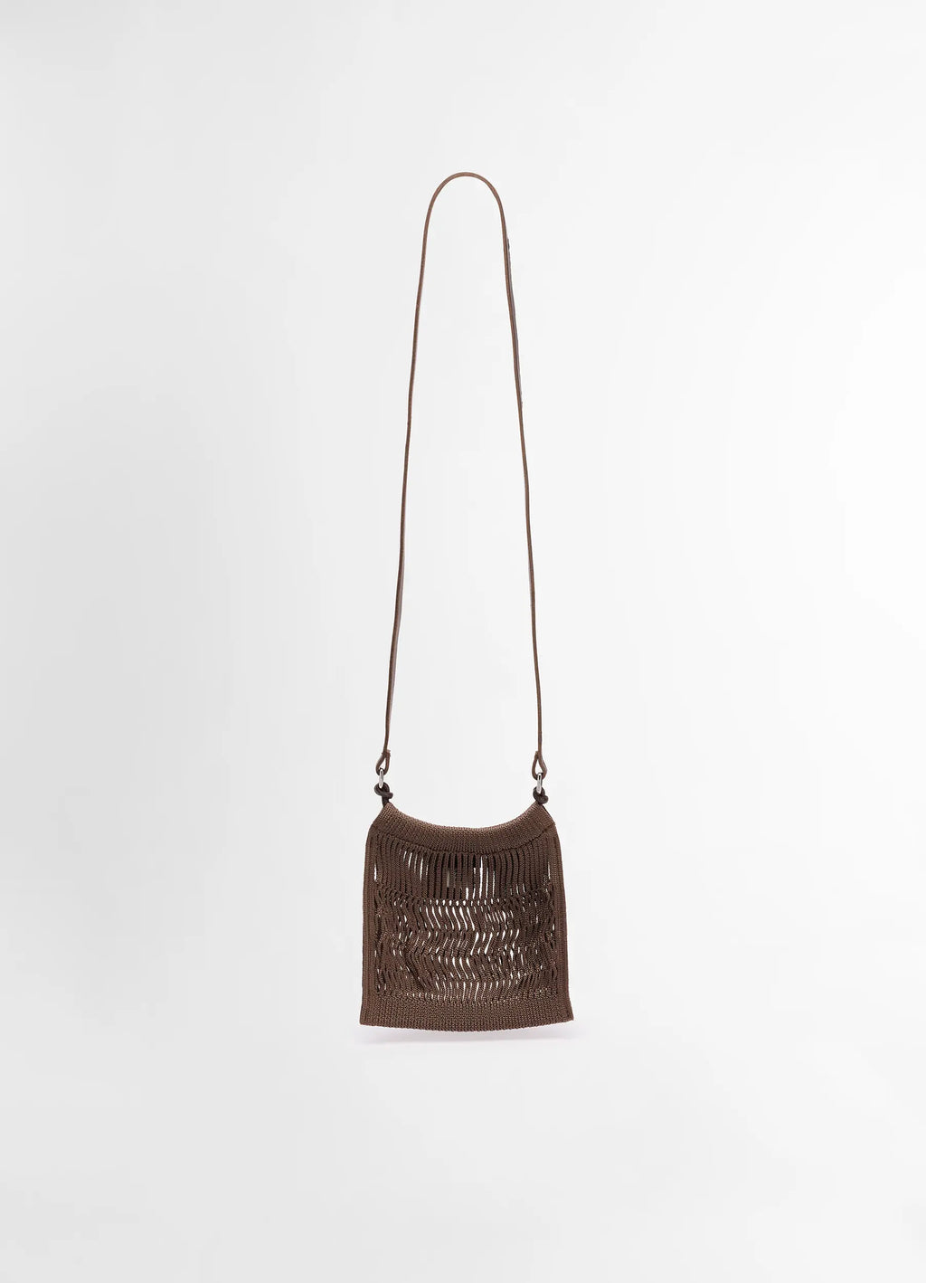 Lemaire mini crossbody filt net bag in dark chocolate nylon and leather, product shot, front view long strap detail