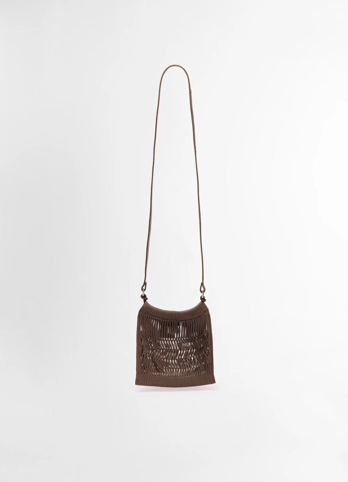 Lemaire Mini Crossbody Filt Net Bag in Dark Chocolate Nylon and Leather, product shot, front view long strap detail