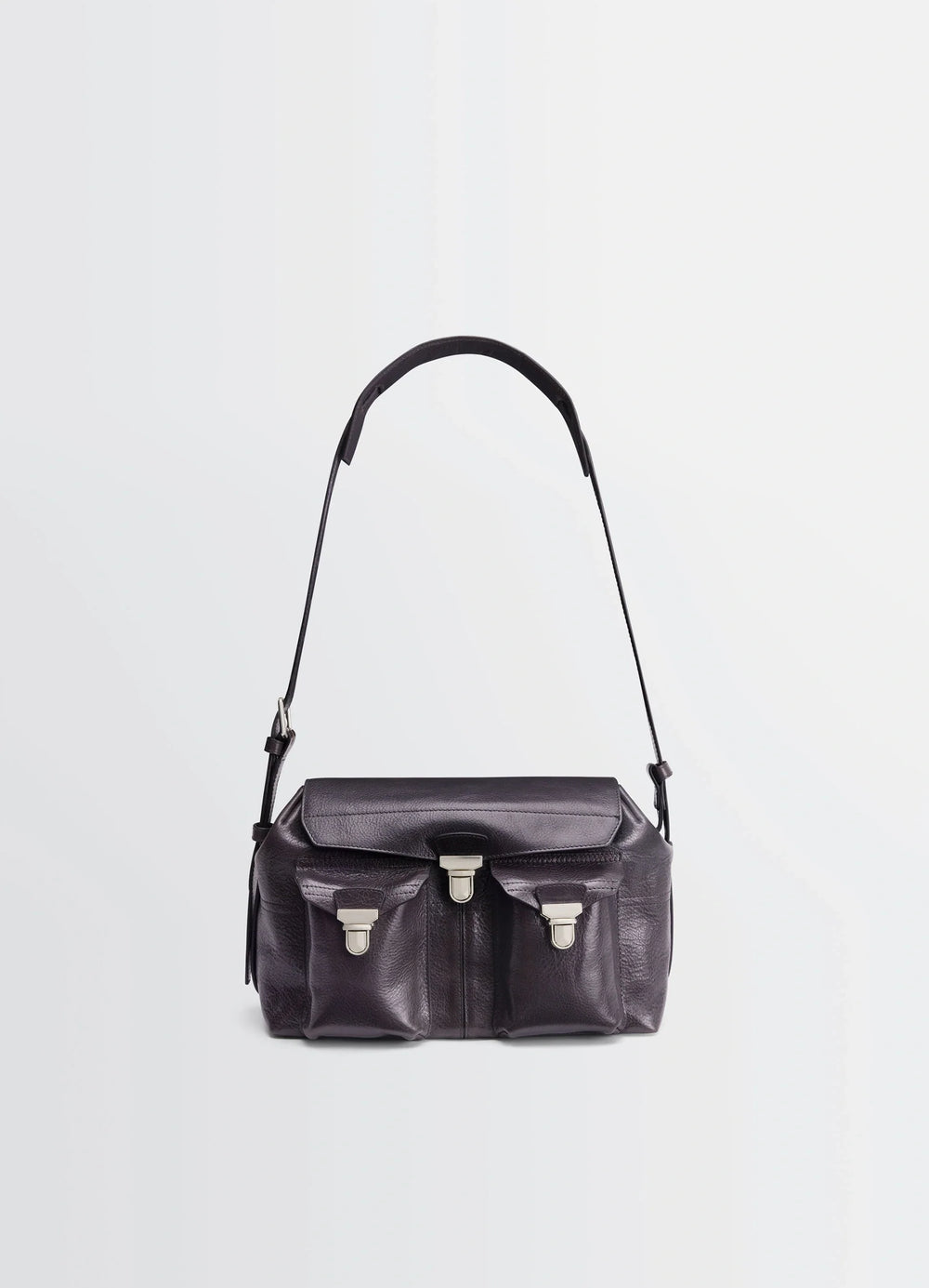 Lemaire Medium Gear Bag in Glossy Vegetable-Tanned Leather, product shot, front view dual buckle closures
