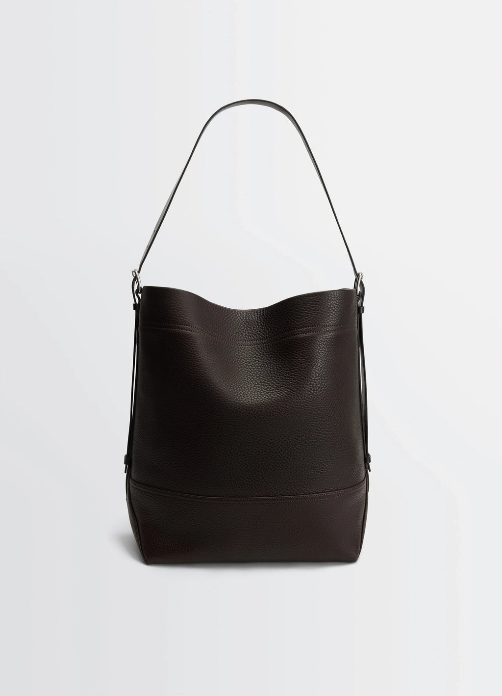 Belted tote bag in lwg gold-certified grained leather, product shot, front view curved top edge