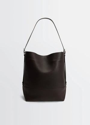 Belted tote bag in lwg gold-certified grained leather, product shot, front view curved top edge