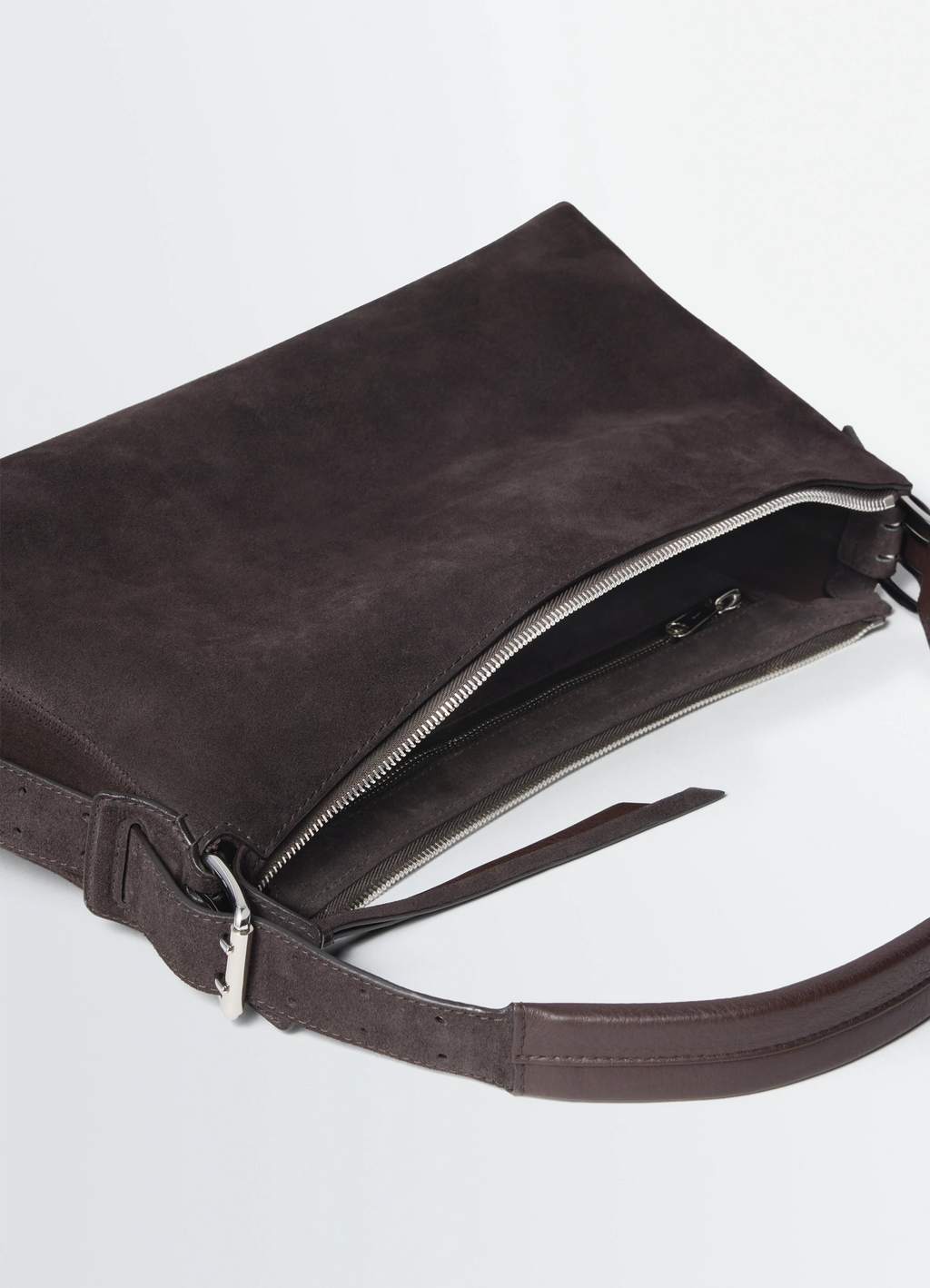 Belted baguette bag in suede leather