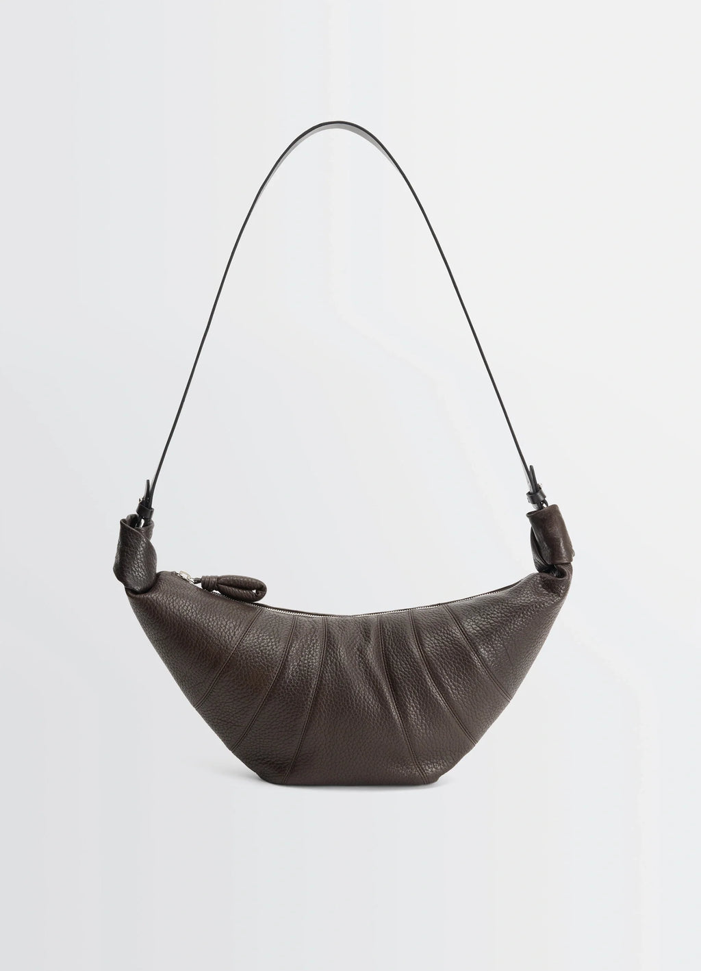 Rail belt medium croissant bag in grained leather in brown, product shot, front view topstitching with clasp closure