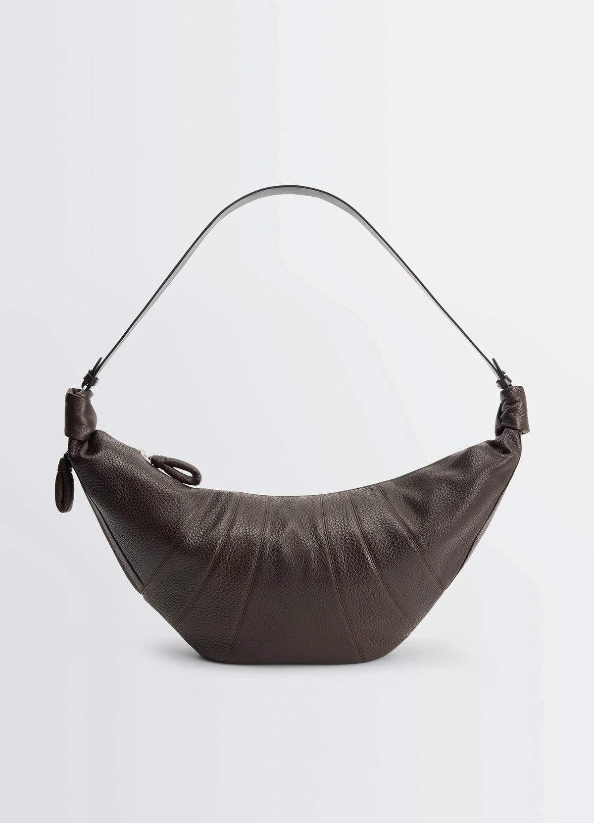 Lemaire Rail Belt Large Croissant B in Grained Leather, product shot, front angle crescent shape