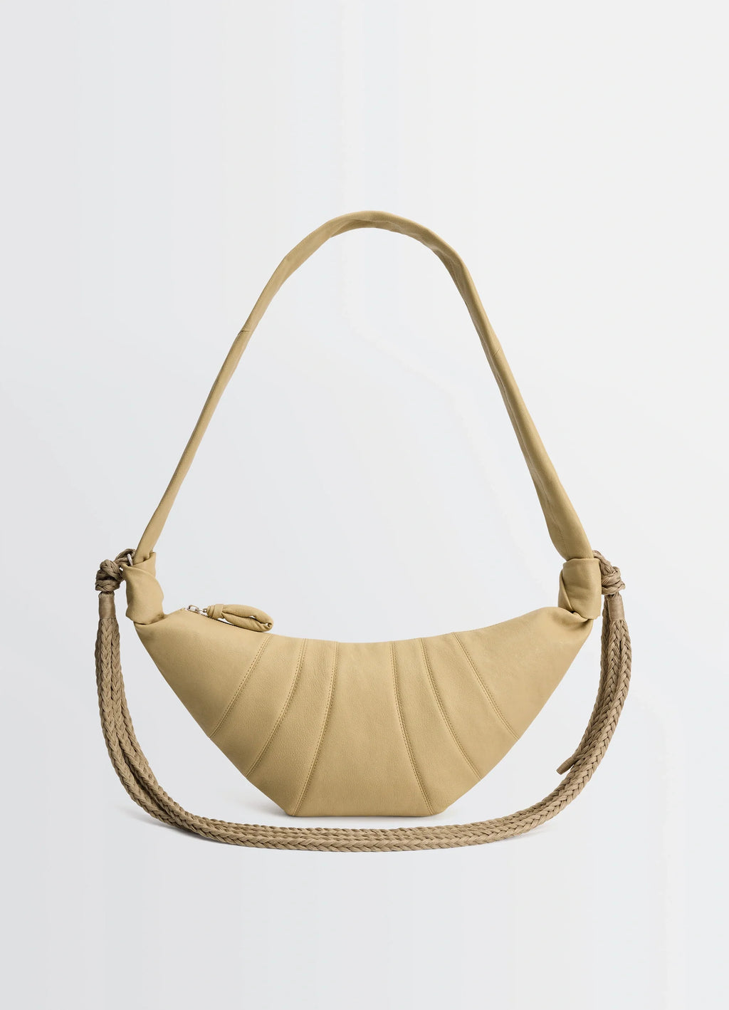 Lemaire braid medium croissant bag in grained buffalo leather, product shot, front view textured panel curves