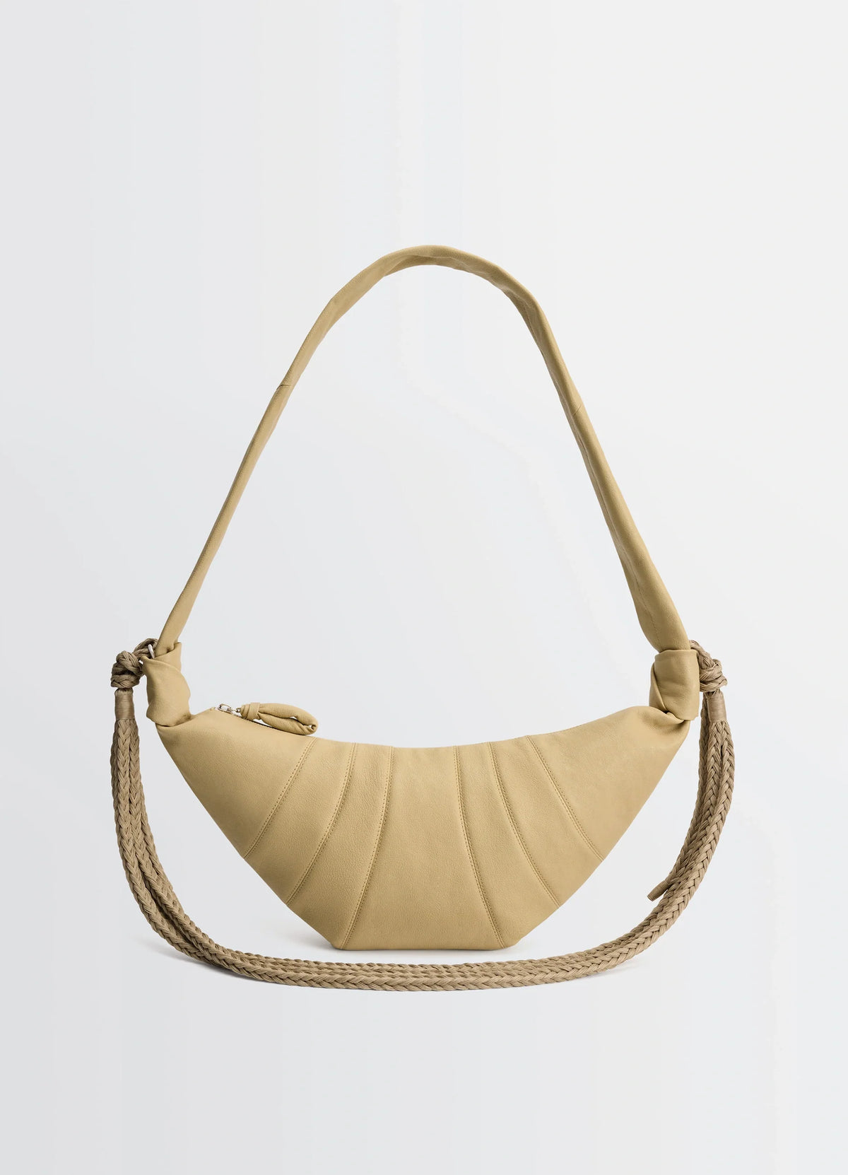 Lemaire Braid Medium Croissant Bag in Grained Buffalo Leather, product shot, front view textured panel curves