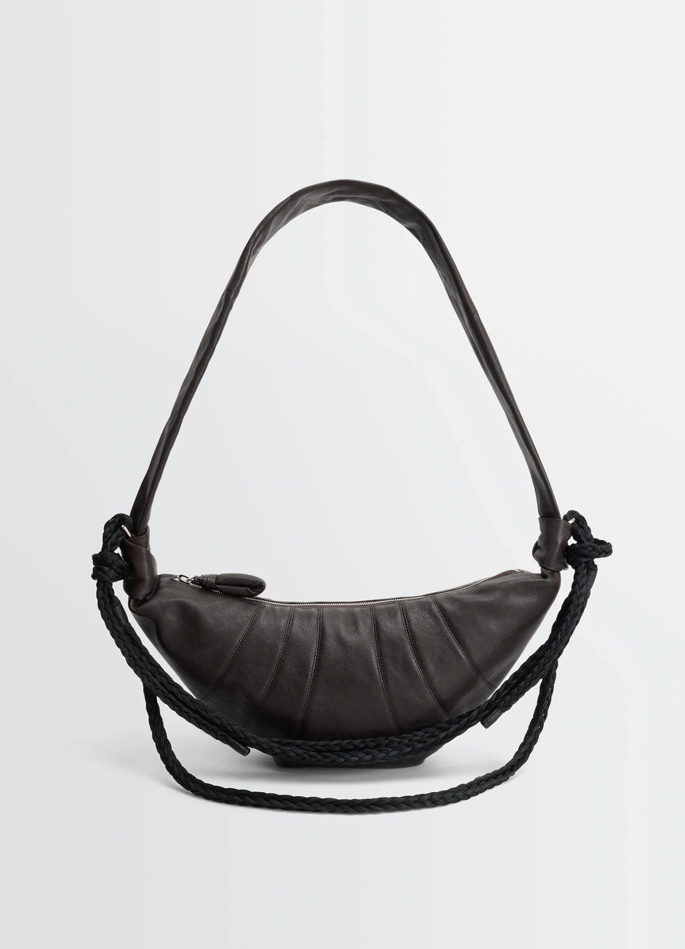 Lemaire Braid Medium Croissant Bag in Grained Buffalo Leather, product shot, front view topstitched panels