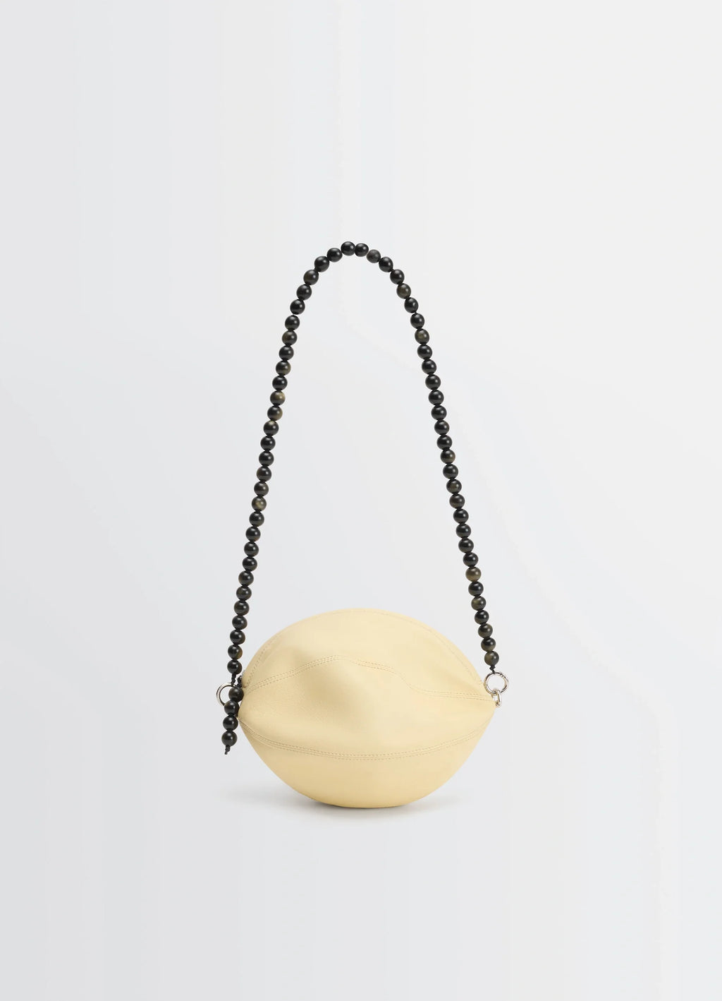 Balloon pouch by lemaire in lwg silver nappa lamb leather, product shot, front view beaded strap