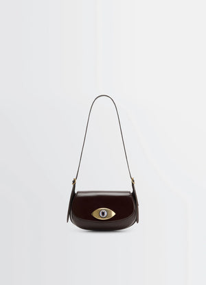 Aubock eye bag in brown leather, product shot, front top view long shoulder strap
