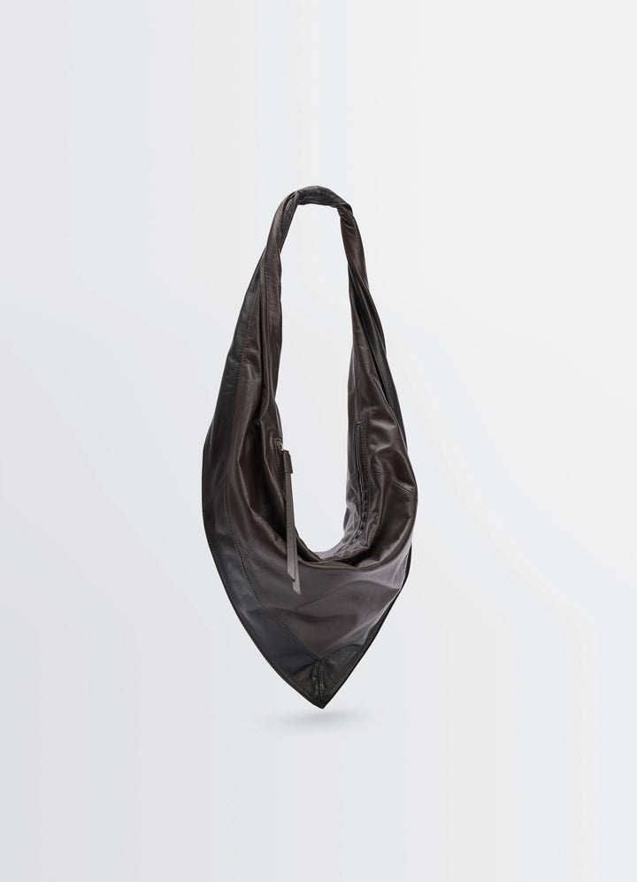 Lemaire Small Scarf Extended Handle in Black Nappa Leather, product shot, angled top view gathered bag opening