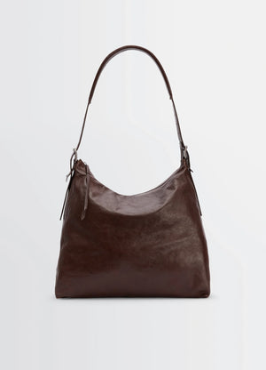 Belted hobo bag in glazed paper leather, product shot, front view curved handle