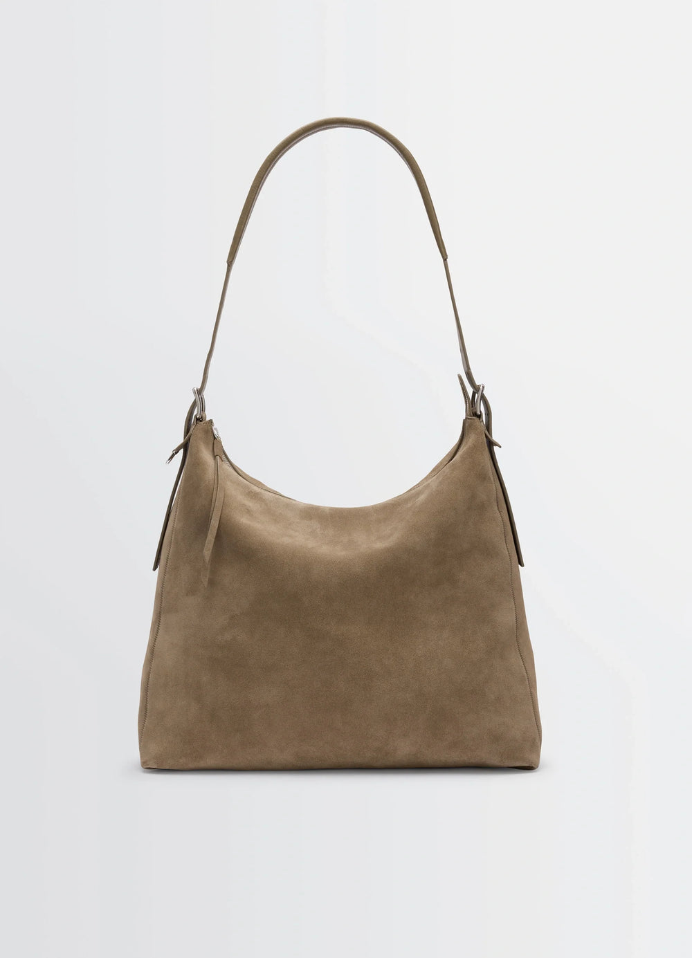 Belted Hobo Bag in Warm Textured Suede, product shot, front view slouchy structure